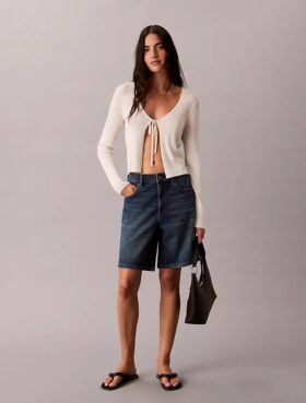 A-linjeformade Denim-shorts med uppvikt fåll