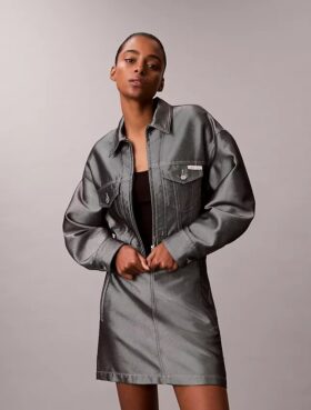 Glansig denim-bomberjacka