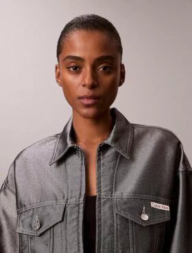 Glansig denim-bomberjacka