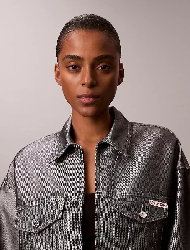 Glansig denim-bomberjacka Glansig denim-bomberjacka