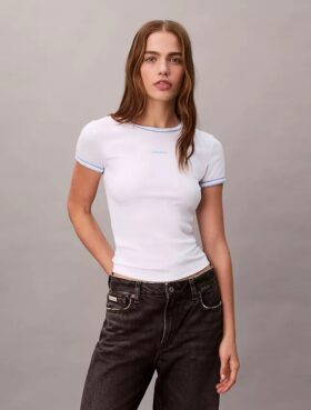 Kontrastkantad ribbad T-shirt med logotryck