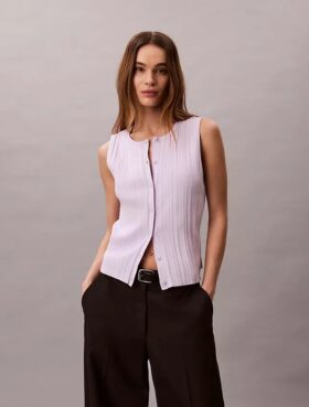 Slät bomullsribbad tank top med knappar