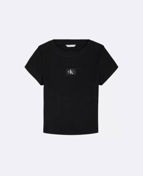 Vävd Monologo-T-shirt för flickor med ribb Vävd Monologo-T-shirt för flickor med ribb